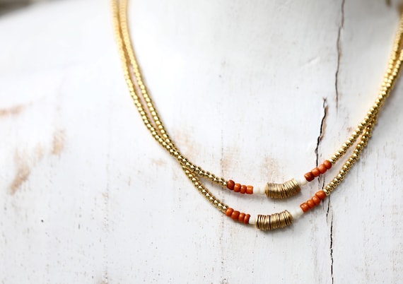 Orange Glass Bead Necklace – Java Glass, Japanese Beads, Brass Accents (2 shown)