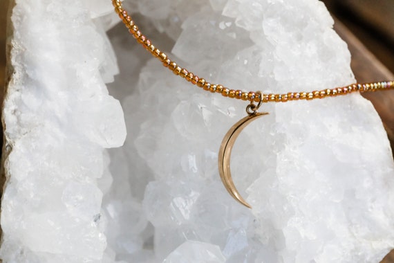 Bronze skinny crescent moon charm & glass bead necklace