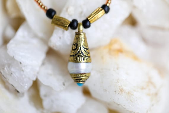 Nepali Pearl and Brass Pendant with glass beads