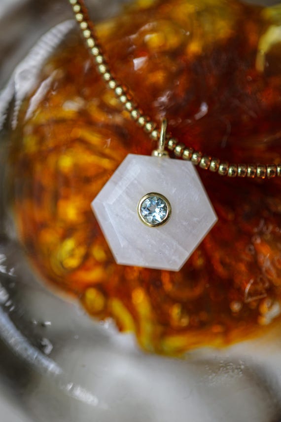 Rainbow Moonstone & Blue Topaz Hexagon Necklace