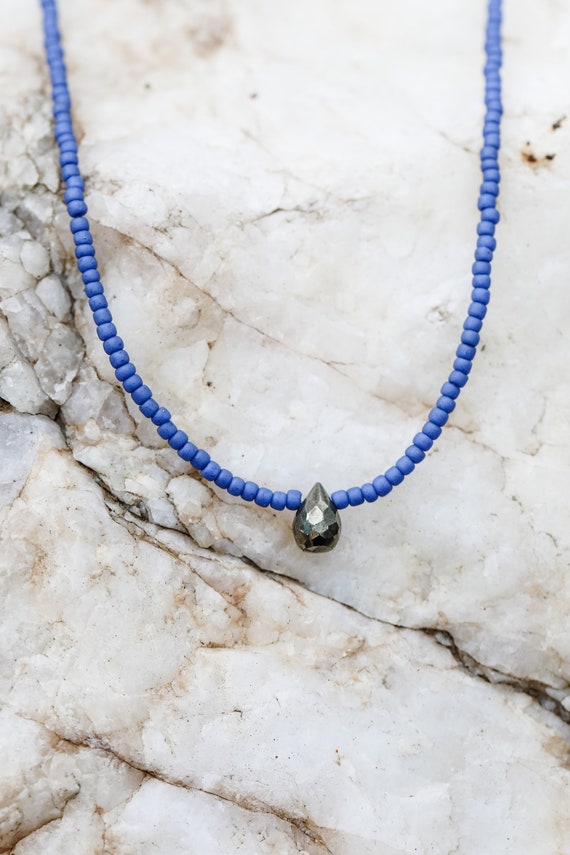 Pyrite stone and glass bead necklace, warrior, confidence, women's necklace, beaded necklace, blue