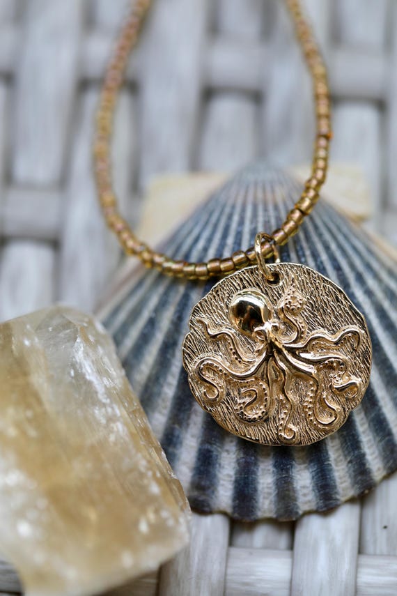 Italian bronze octopus medallion necklace