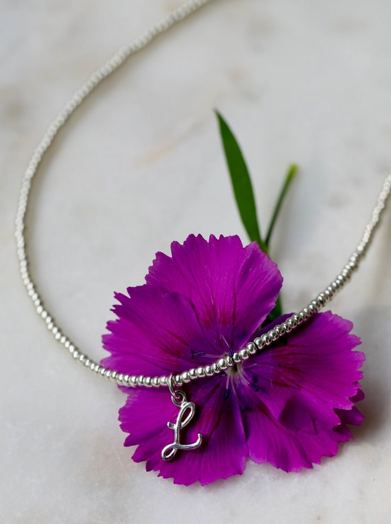 Sterling silver initial charm + glass bead necklace