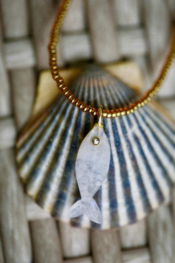 Rainbow Moonstone & White Topaz Fish Charm Necklace