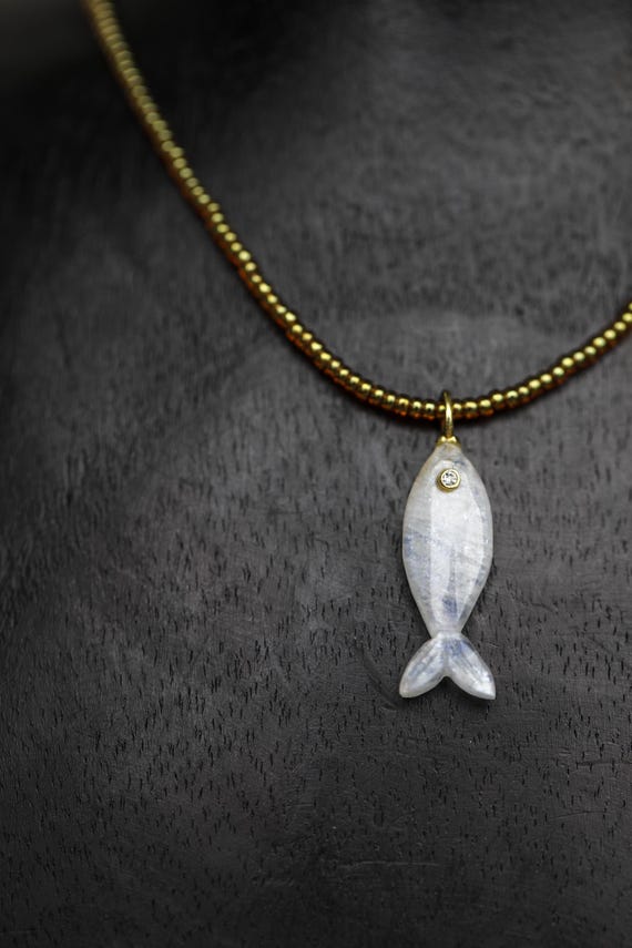 Rainbow Moonstone & White Topaz Fish Charm Necklace