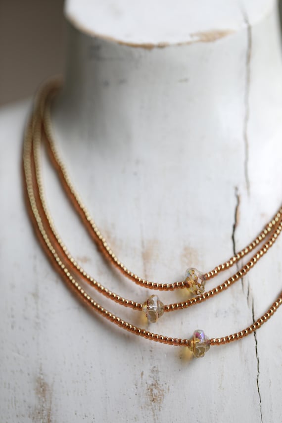 Golden Glow Layering Necklace Set • Czech Glass + Italian Bronze Sardine Charm - Coastal Summer Jewelry