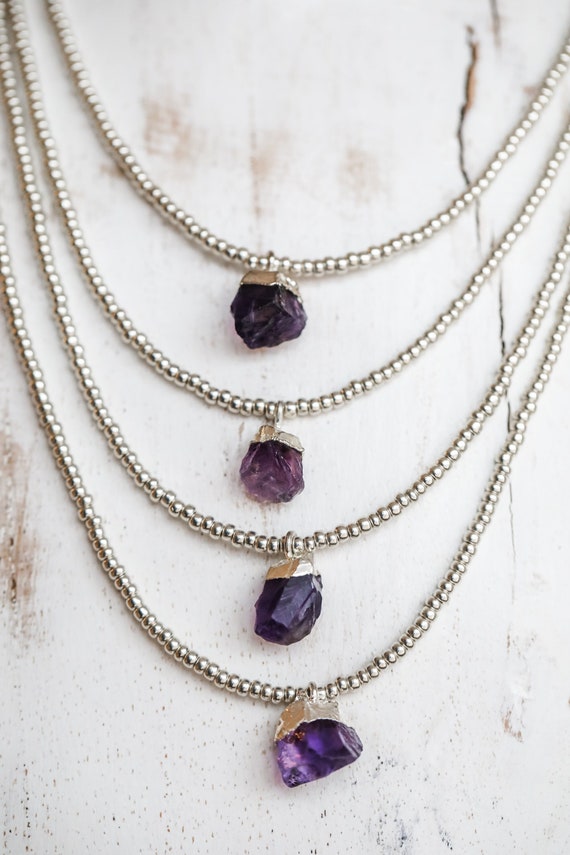 Silver leafed amethyst natural crystal and beaded necklace