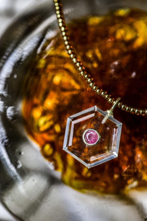 Crystal Quartz & Pink Sapphire Hexagon Necklace