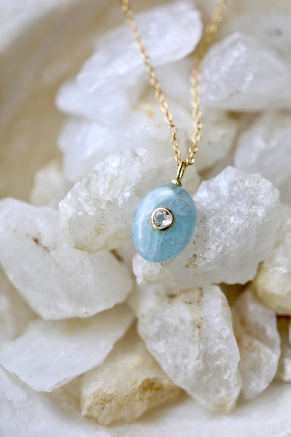 Oval Aquamarine + Inlaid White Topaz Necklace (March birthstone)