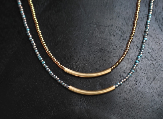 Gold Filled Curved Tube and Bead Necklace