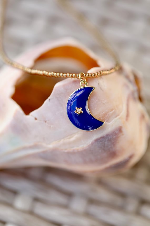 Cobalt Crescent Moon w/ Crystal Star Charm Necklace