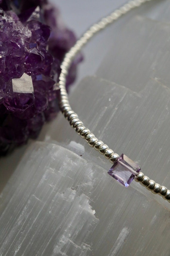 Delicate amethyst emerald cut stone beaded necklace