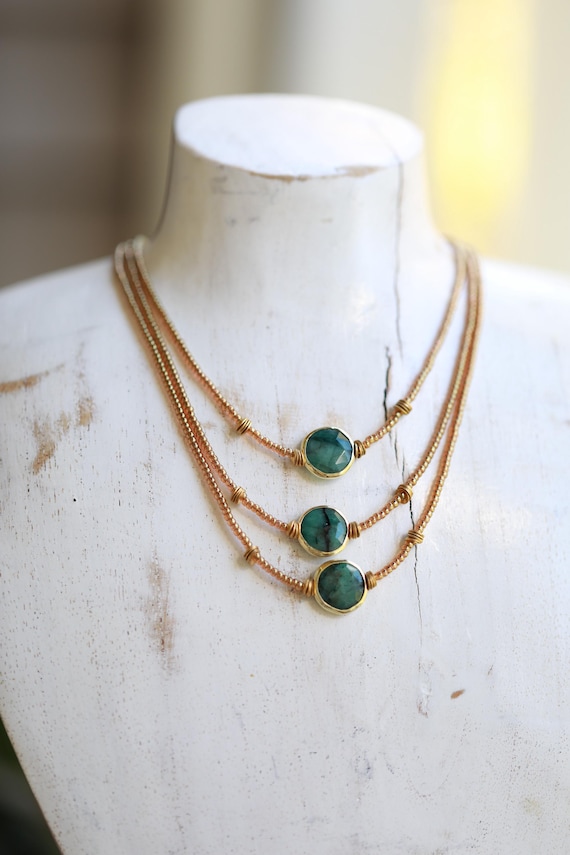 Raw Emerald Bezel Set Necklace – Brass & Japanese Glass Beads