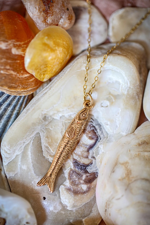 Italian Bronze Sardine Necklace on 18" Gold Filled Chain