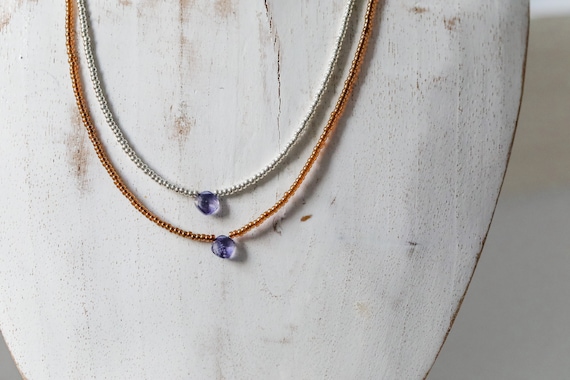 Iolite stone and glass bead necklace