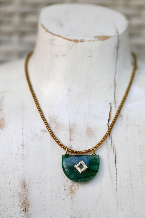 Raw Emerald + White Topaz Half Moon Necklace