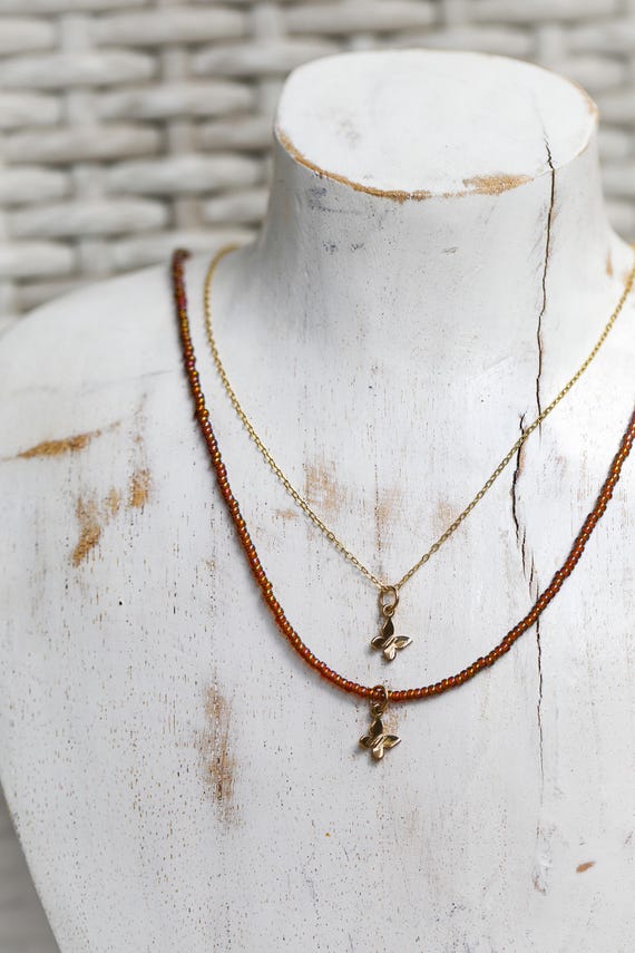 Tiny Bronze Butterfly Necklace – 3D Charm on Honey Glass Beads or Gold-Filled Chain, 16", Symbol of Transformation & Grace