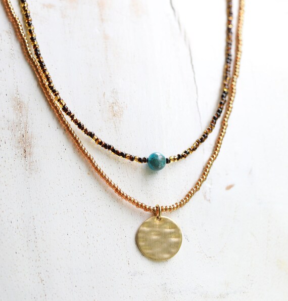 Pacific blue apatite stone with glass beads and gold over sterling disc necklace - buy together or separately