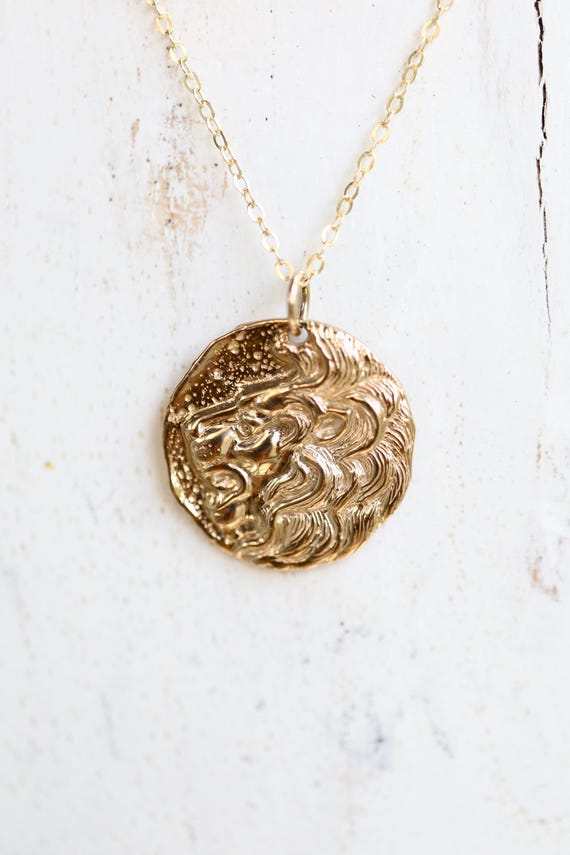 Natural Bronze Ancient Coin Style Lion Head Charm Necklace – 18" or 24" Gold-Filled Chain – Symbol of Strength, Leadership & Protection