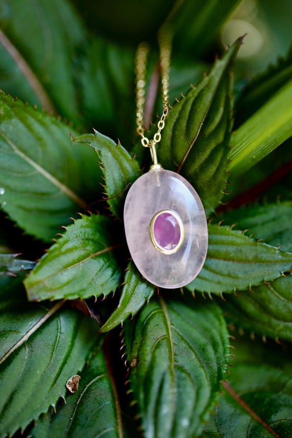 Rose Quartz + Pink Sapphire Oval Pendant Necklace – Love, Compassion + Inner Strength