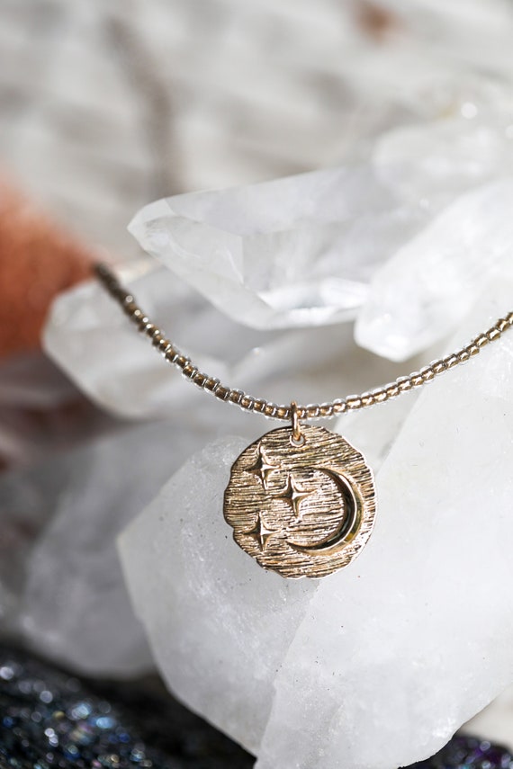 Italian bronze moon and stars coin medallion necklace