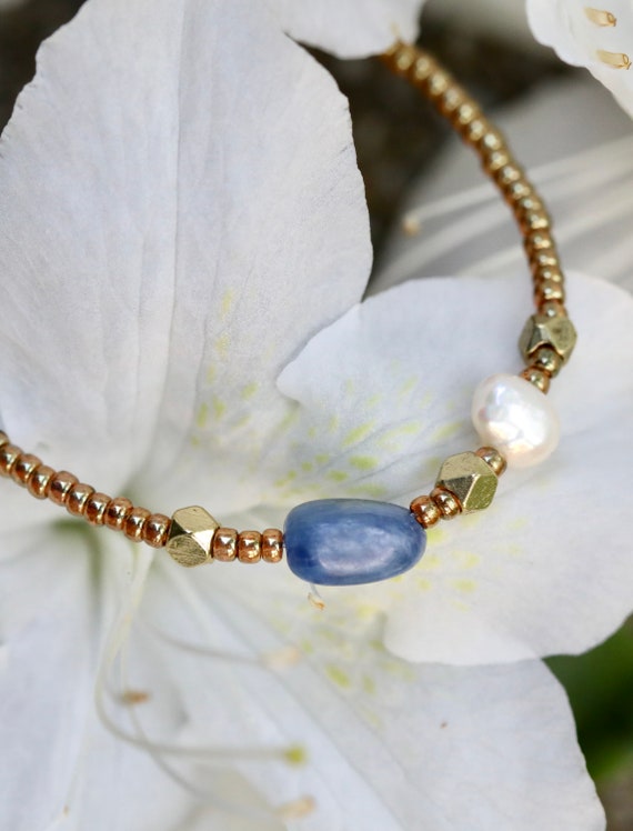 Blue kyanite, freshwater pearl, brass, and glass bead necklace