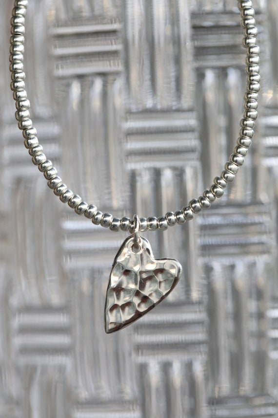 Sterling silver hammered heart and bead necklace