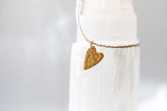 Tiny puffed gold heart charm & hammered heart necklaces