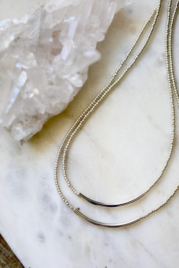 Sterling Silver Curved Tube and Bead Necklace