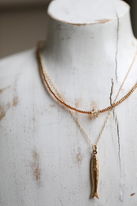 Golden Glow Layering Necklace Set • Czech Glass + Italian Bronze Sardine Charm - Coastal Summer Jewelry