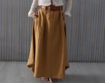 Linen skirt, A line linen skirt with pockets, High Waist Spring and Summer Elegant Linen Skirt with Asymmetrical Length