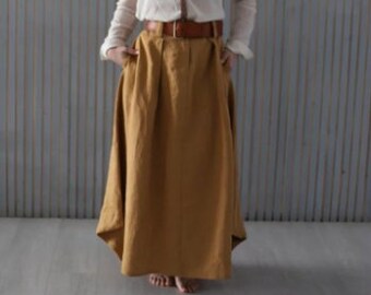 High Waist Linen Maxi Skirt, A-Line Skirt with Pockets