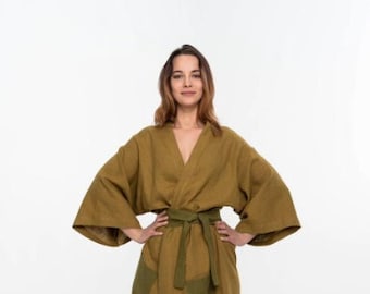Organic Linen Kimono Robe: Puffy Sleeve Bathrobe with Belt