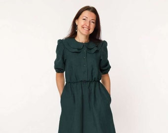 Loose Linen Dress, Vintage Style Dress Puff Sleeve, Relaxed Fit Elegant Button Collared Dress Gift for Girl’s Casual Wear & Vacation