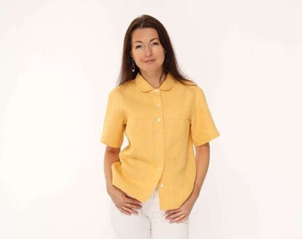 Natural Linen Short Sleeve Shirt: Women's Button-Up Blouse