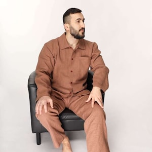 Linen Pajama Sleepwear Set | Mens Linen Pants and Linen Long Sleeve Button Down Loungewear | Holiday Pajama | Linen Pyjama Set