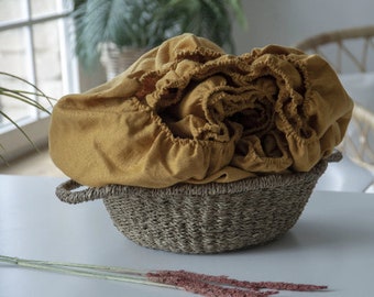 Mustard Linen Fitted Sheet - Handmade Softened Flax Bedding