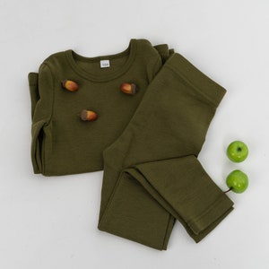 Natural Merino Wool Kids Pajama Set, Long Sleeve Shirt and Toddler Leggings, Toddlers Wool Pajama Two Piece Set, Sustainable Kids Clothes image 9