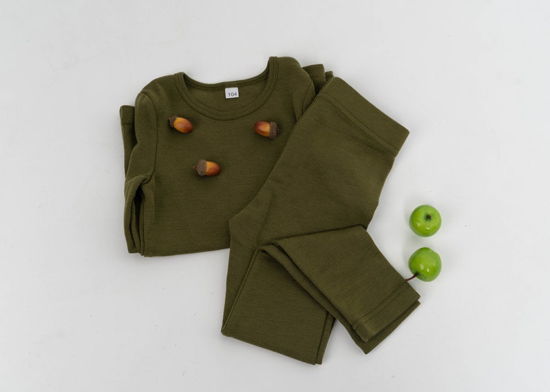 Natural Merino Wool Kids Pajama Set, Long Sleeve Shirt and Toddler Leggings, Toddlers Wool Pajama Two Piece Set, Sustainable Kids Clothes image 9