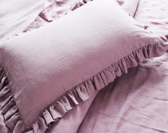 Handmade Ruffled Linen Pillowcase, Farmhouse Bedding Decor