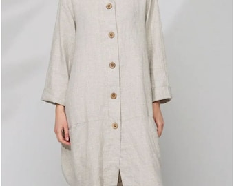 Chic Linen Cardigan with Pockets | Oversize Linen Coat | Stylish Plus Size Linen Blazer | Loose Fit Linen Shirt Dress