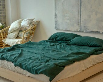 Emerald Green Linen Duvet Cover: Stonewashed Boho Farmhouse Bedding