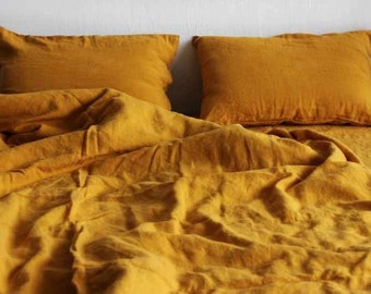 3 Piece Mustard Yellow Stone Washed Linen Bedding Set, Duvet Cover and 2 Pillowcases, Soft and Breathable Linen