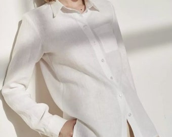 Premium 100%  Washed Linen White Classic Shirt, Womens Linen Blouse, Boyfriend Shirt, Summer Shirt