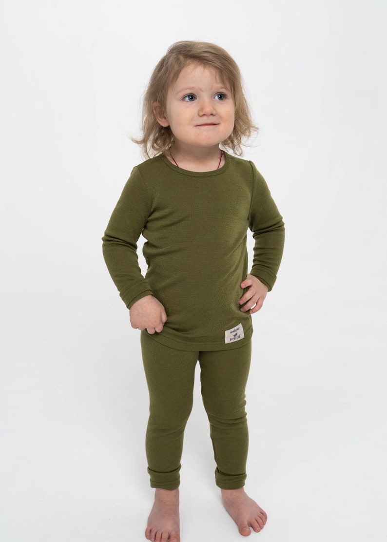 Natural Merino Wool Kids Pajama Set, Long Sleeve Shirt and Toddler Leggings, Toddlers Wool Pajama Two Piece Set, Sustainable Kids Clothes image 5