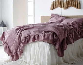 Ruffled Linen Duvet Cover Set: Shabby Chic Stone Washed Bedding