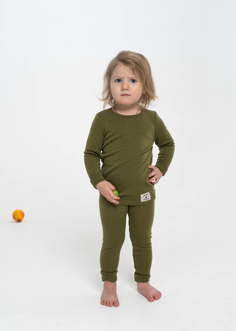 Natural Merino Wool Kids Pajama Set, Long Sleeve Shirt and Toddler Leggings, Toddlers Wool Pajama Two Piece Set, Sustainable Kids Clothes image 4