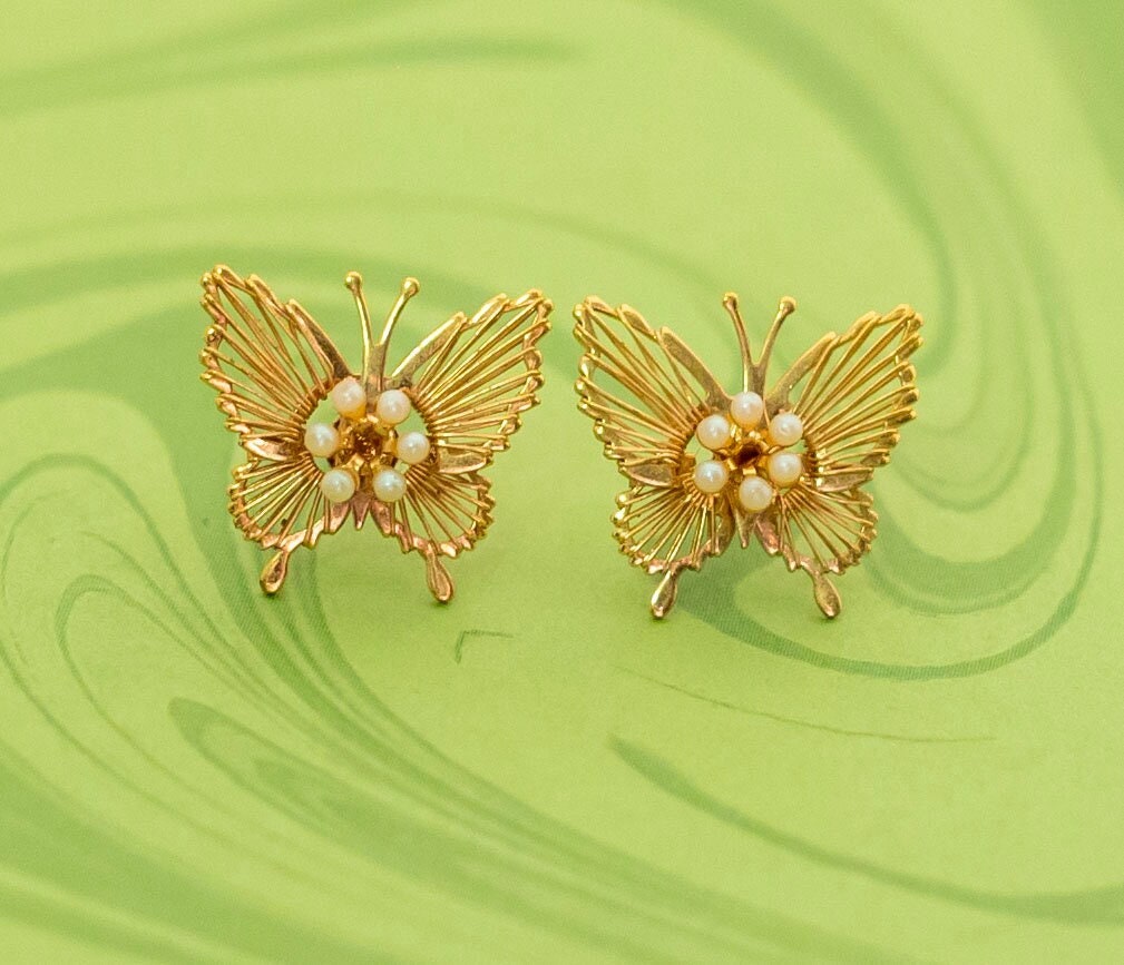 Vintage Art Nouveau Intricate Gold Butterfly Stud Earrings