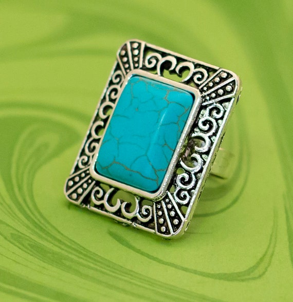 Vintage Geometric Cyan Rectangular Adjustable Rin… - image 2