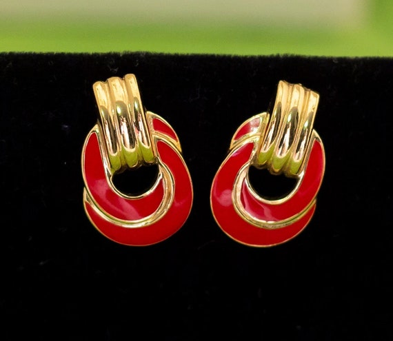 Vintage Spiral Red Crescents Gold Tone Stud Earri… - image 1